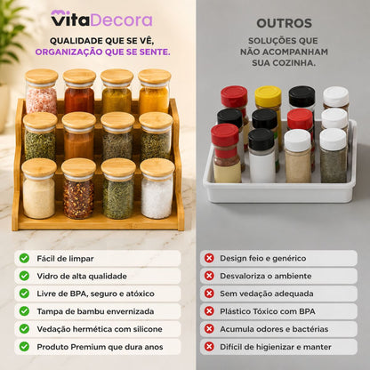Kit 12 Potes Herméticos Porta Temperos com Organizador Escada em Bambu