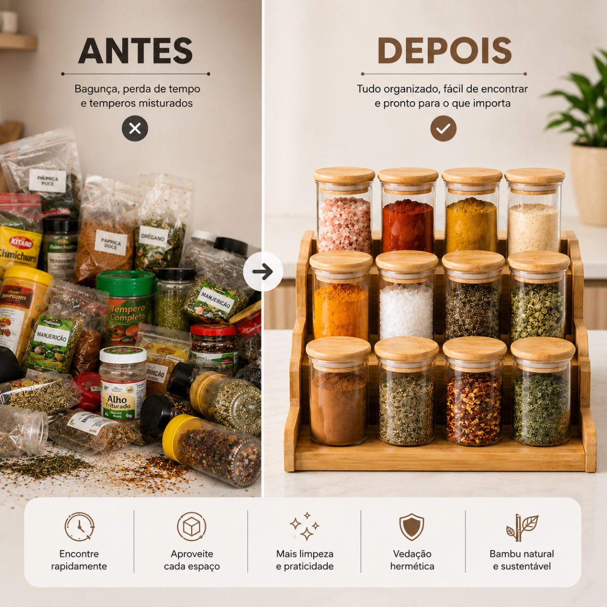 Kit 12 Potes Herméticos Porta Temperos com Organizador Escada em Bambu