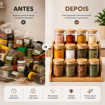 Kit 12 Potes Herméticos Porta Temperos com Organizador Escada em Bambu