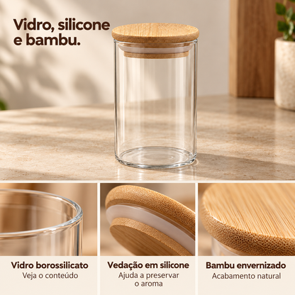 Kit Porta-Temperos de Vidro Borossilicato 300ml com Tampa de Bambu