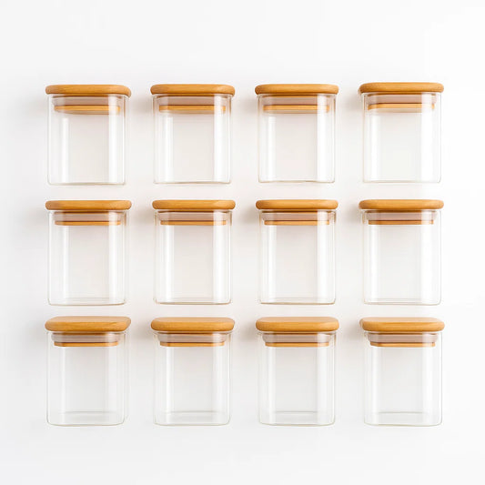 Kit 12un Porta Temperos Vidro Bambu Hermético Premium 200ml - VitaBela