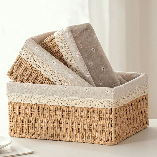 Kit 3 Cestos Organizadores de Vime com Forro em Renda – Elegância e Funcionalidade