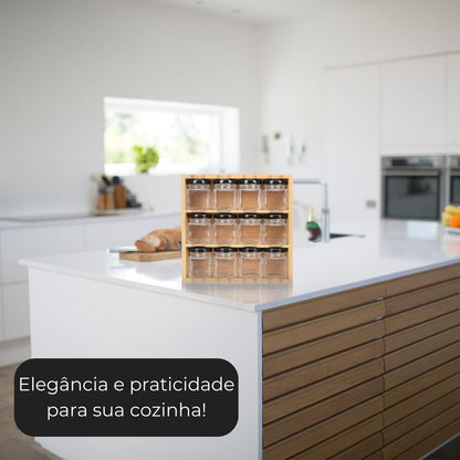 Porta temperos em bambu com 12 potes herméticos para organização de cozinha.