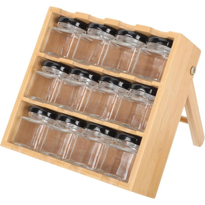 Porta temperos em bambu com 12 potes herméticos para organização de cozinha.