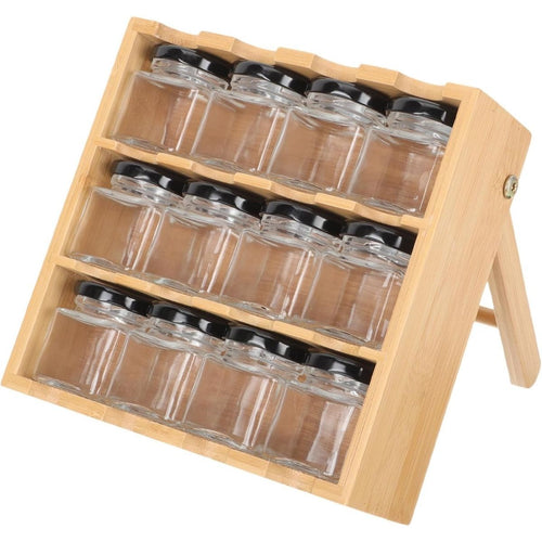 Porta temperos em bambu com 12 potes herméticos para organização de cozinha.