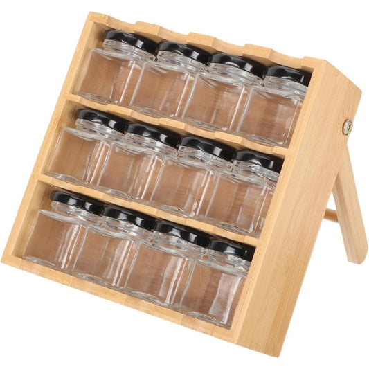 Porta temperos em bambu com 12 potes herméticos para organização de cozinha.