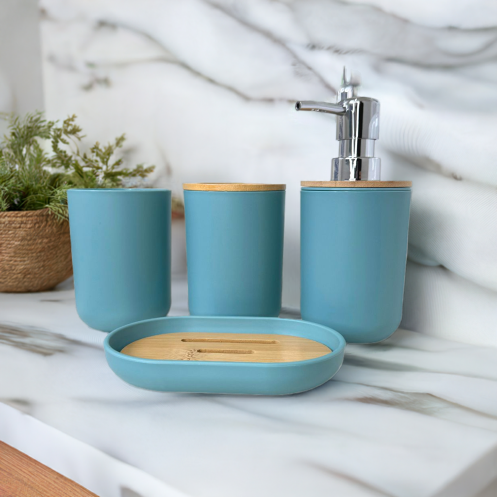 Kit Banheiro Lavabo Elegance – 5 Peças Dispenser, Porta Sabão e Porta-Objetos em Bambu