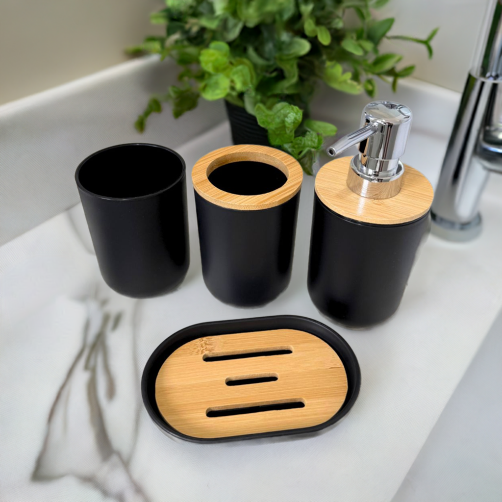 Kit Banheiro Lavabo Elegance – 5 Peças Dispenser, Porta Sabão e Porta-Objetos em Bambu