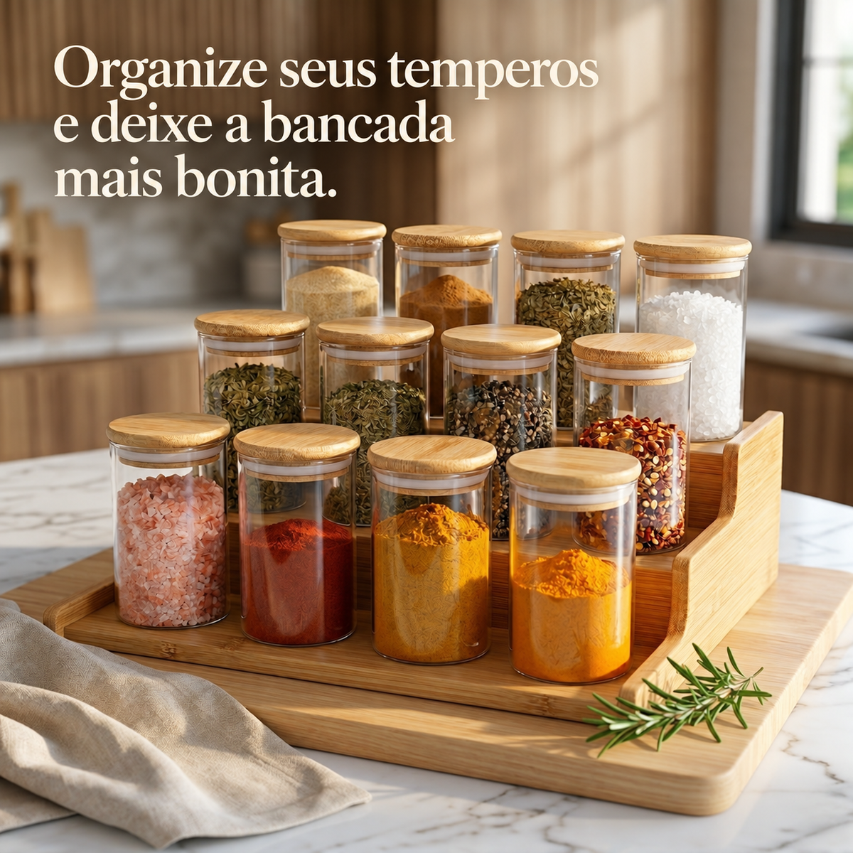 Porta-temperos de vidro com tampas de bambu: seus temperos à vista