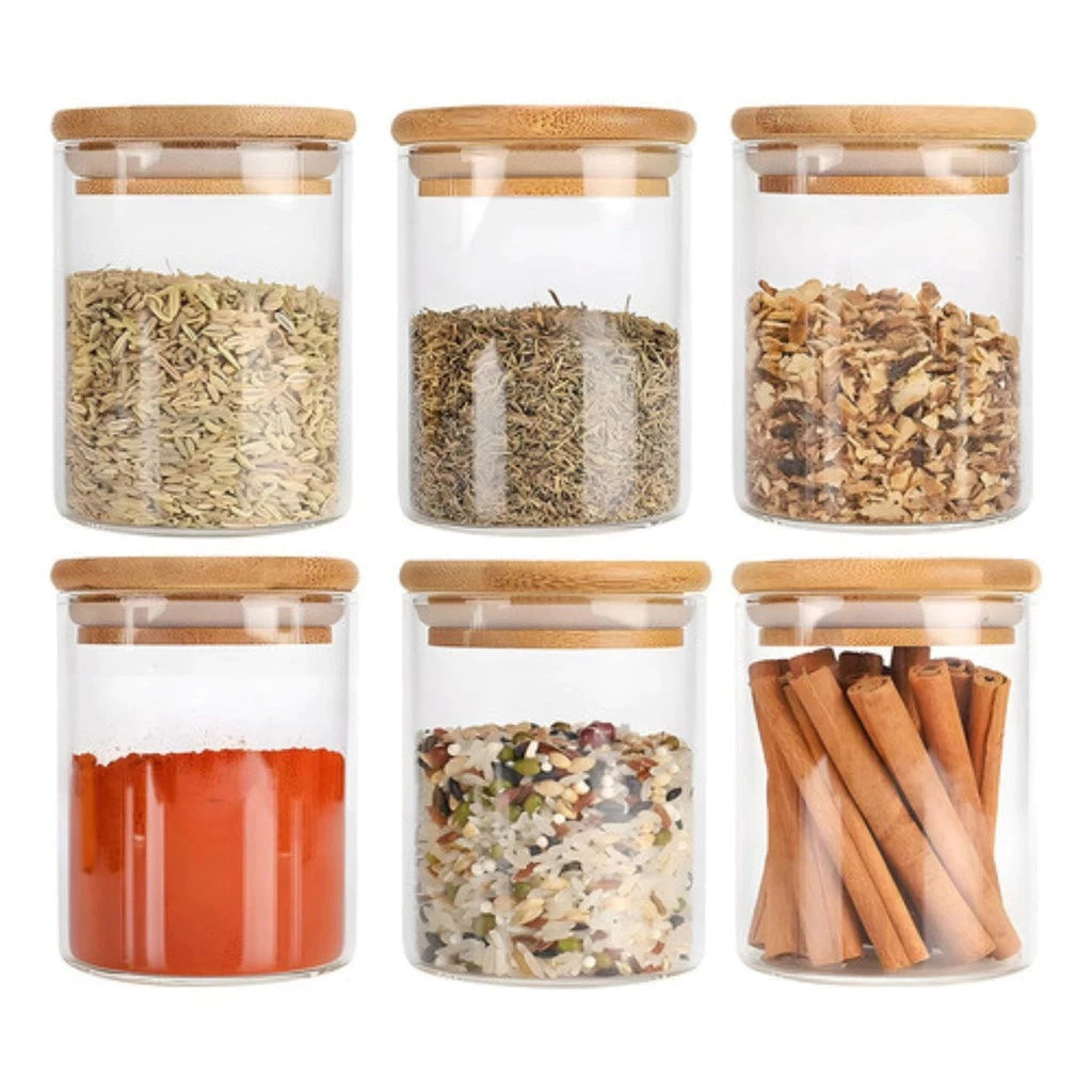 Kit 6un Porta Temperos Vidro Bambu Hermético Premium 200ml - VitaBela