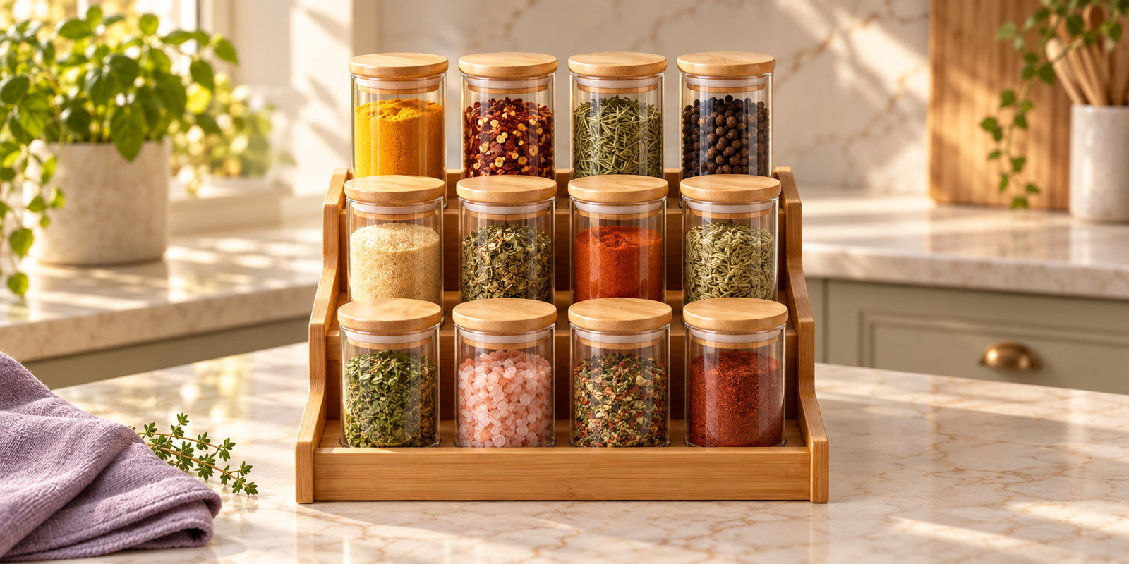 Kit com 12 potes de vidro e tampas de bambu na base organizadora, em uma cozinha iluminada.