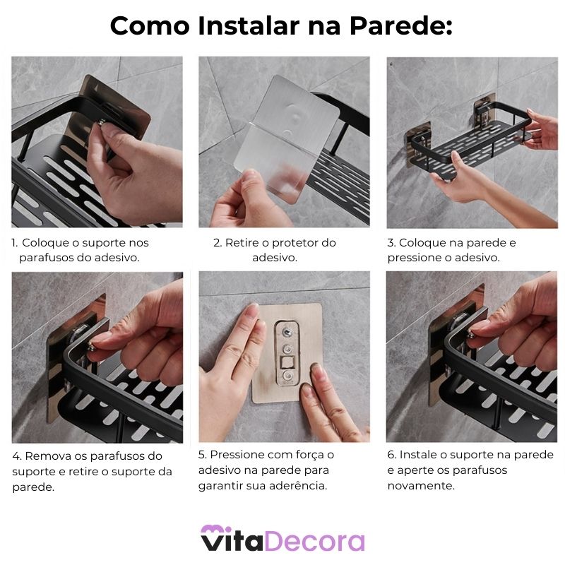 Seis fotos mostram como posicionar, colar e pressionar os adesivos e fixar a prateleira VitaAlu na parede.