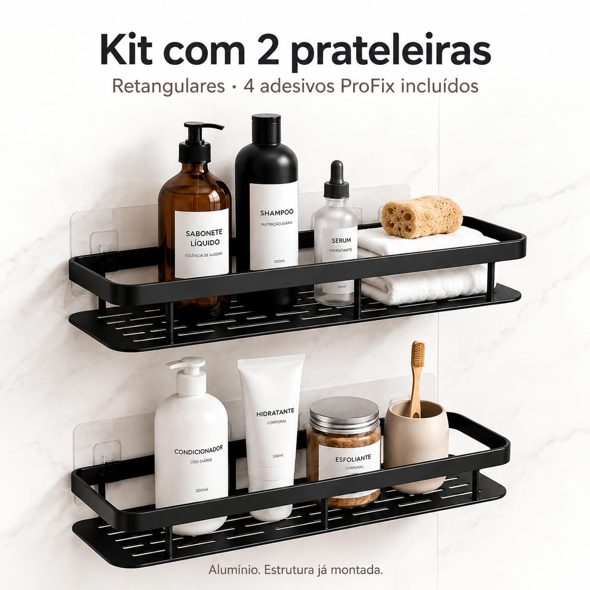 Kit com 2 prateleiras retangulares e 4 adesivos