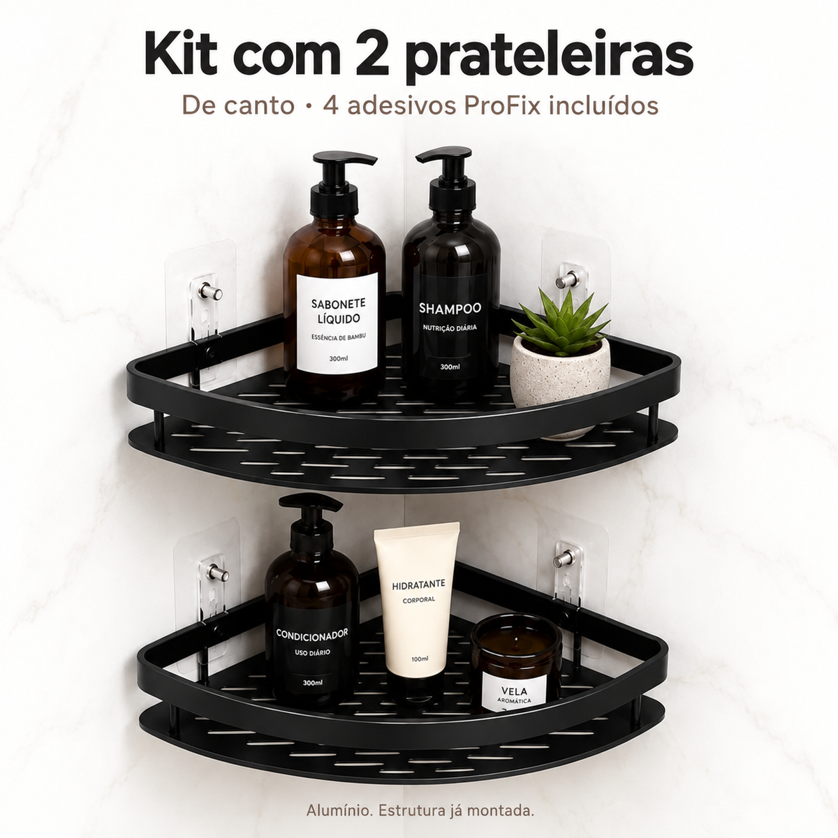 Kit com 2 prateleiras de canto e 4 adesivos