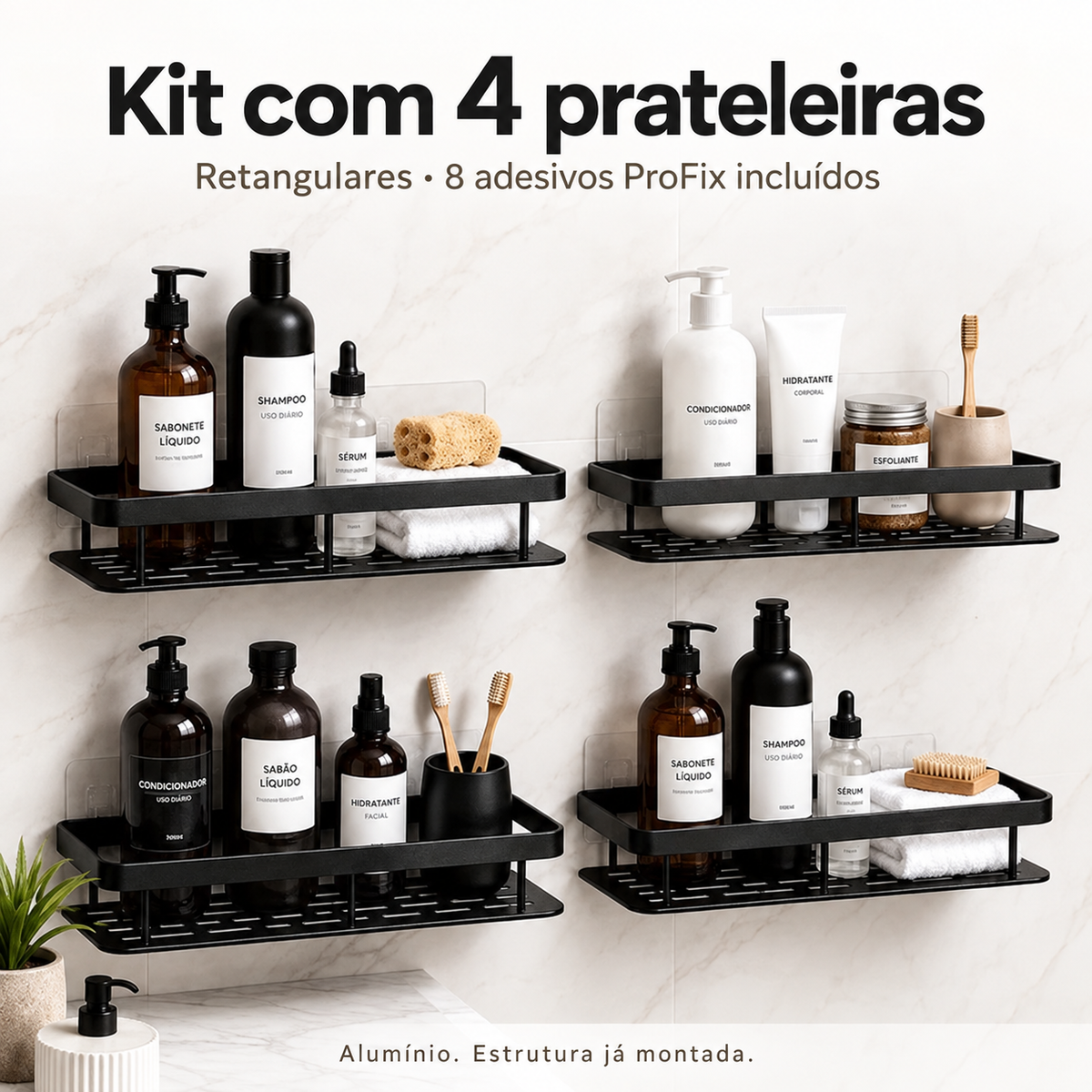 Kit com 4 prateleiras retangulares e 8 adesivos
