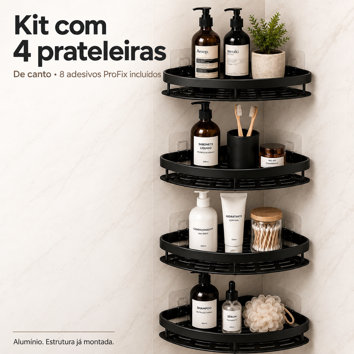 Kit com 4 prateleiras de canto e 8 adesivos