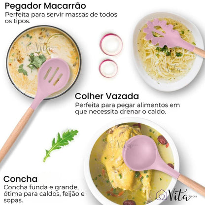 KitCozy - Kit 12 Utensílios Silicone com Cabo em Madeira