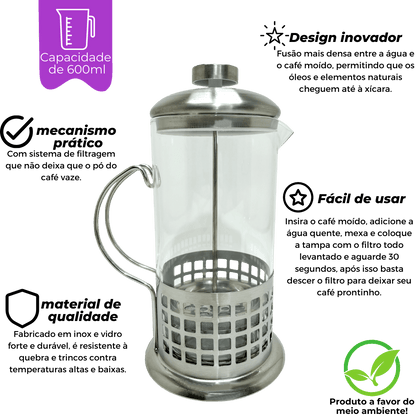 Cafeteira Prensa Francesa 600ml Aço Inox Quadrados - Dekasa Utilidades