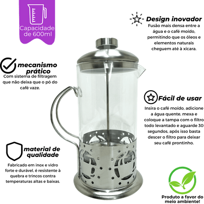 Cafeteira Prensa Francesa 600ml Aço Inox Cafés - Dekasa Utilidades