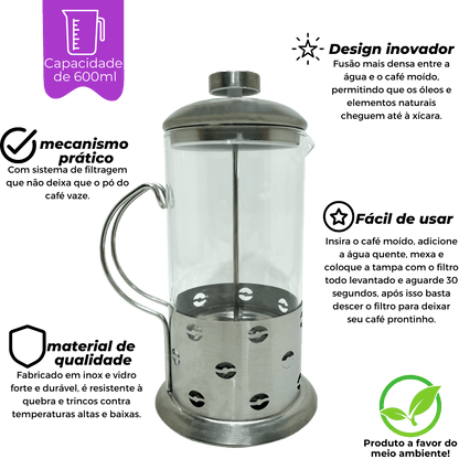 Cafeteira Prensa Francesa 600ml Aço Inox Grãos - Dekasa Utilidades